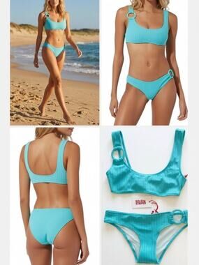 Solid & Striped The Elle Ribbed O-Ring Bikini Set Greek Blue S NWT